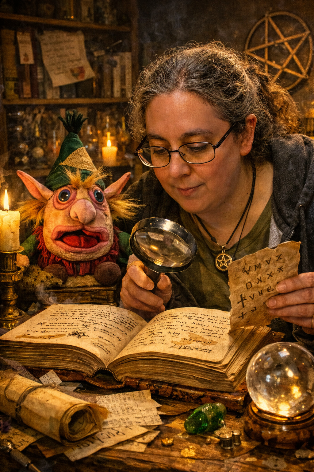 Amanda reviewing notes beside an early Efilist study object in the archive.